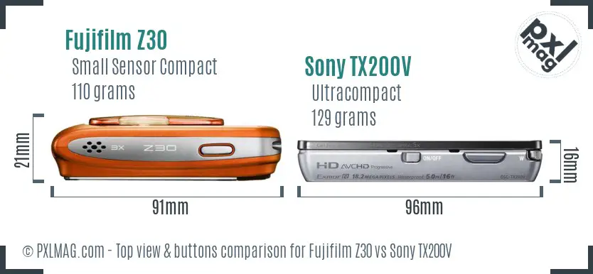 Fujifilm Z30 vs Sony TX200V top view buttons comparison