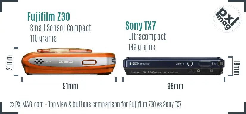 Fujifilm Z30 vs Sony TX7 top view buttons comparison