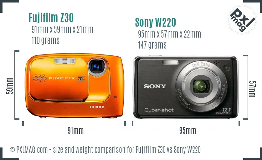 Fujifilm Z30 vs Sony W220 size comparison