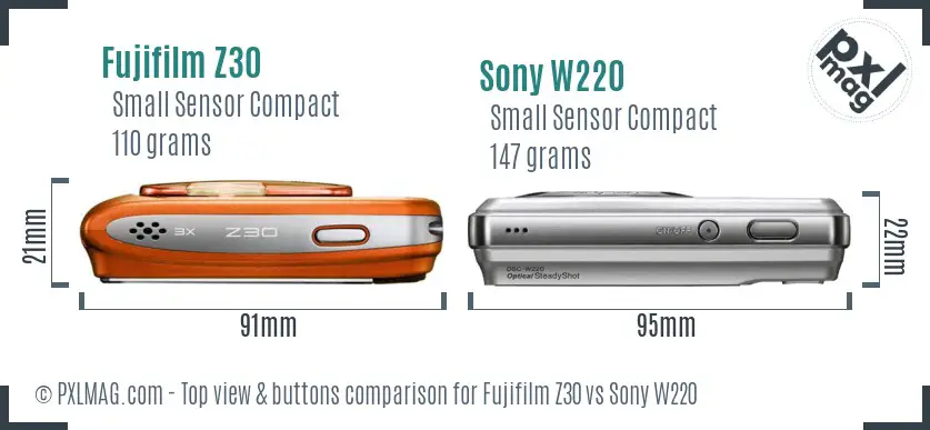 Fujifilm Z30 vs Sony W220 top view buttons comparison