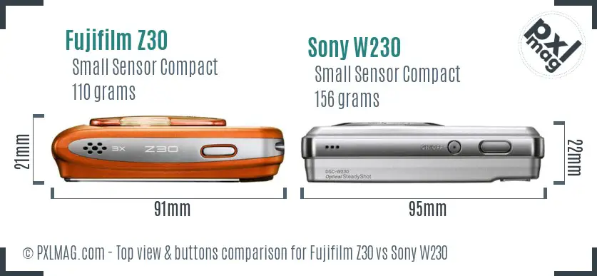Fujifilm Z30 vs Sony W230 top view buttons comparison Fujifilm Z30 vs Sony W230 top view buttons comparison