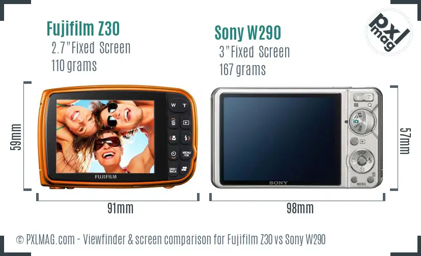 Fujifilm Z30 vs Sony W290 Screen and Viewfinder comparison