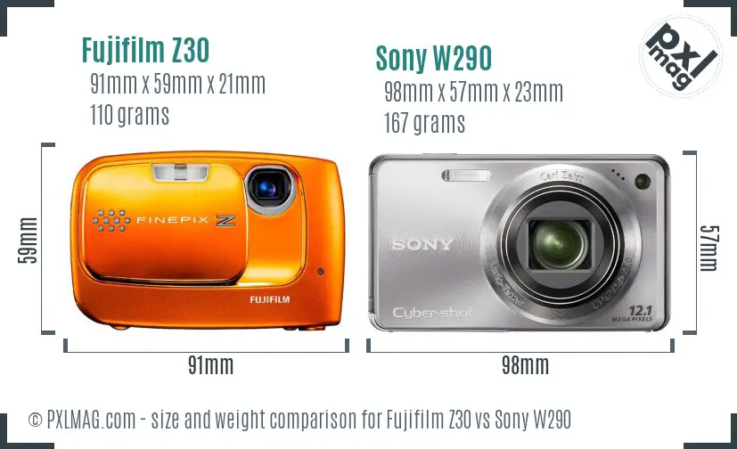 Fujifilm Z30 vs Sony W290 size comparison