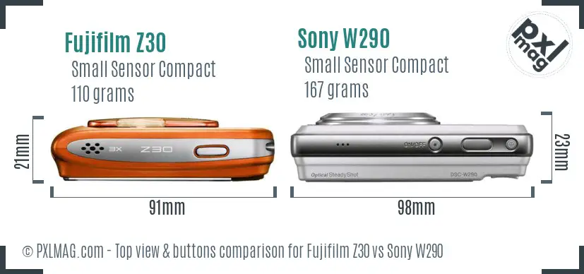 Fujifilm Z30 vs Sony W290 top view buttons comparison