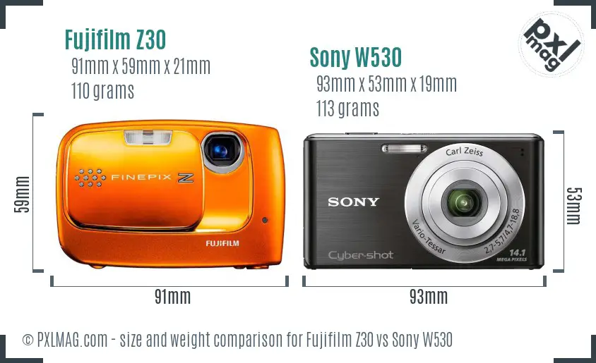 Fujifilm Z30 vs Sony W530 size comparison