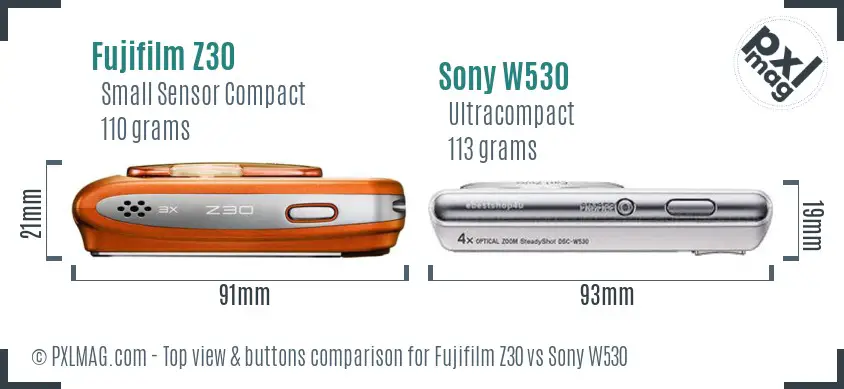 Fujifilm Z30 vs Sony W530 top view buttons comparison