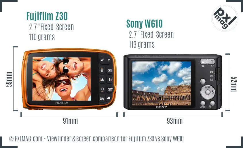 Fujifilm Z30 vs Sony W610 Screen and Viewfinder comparison