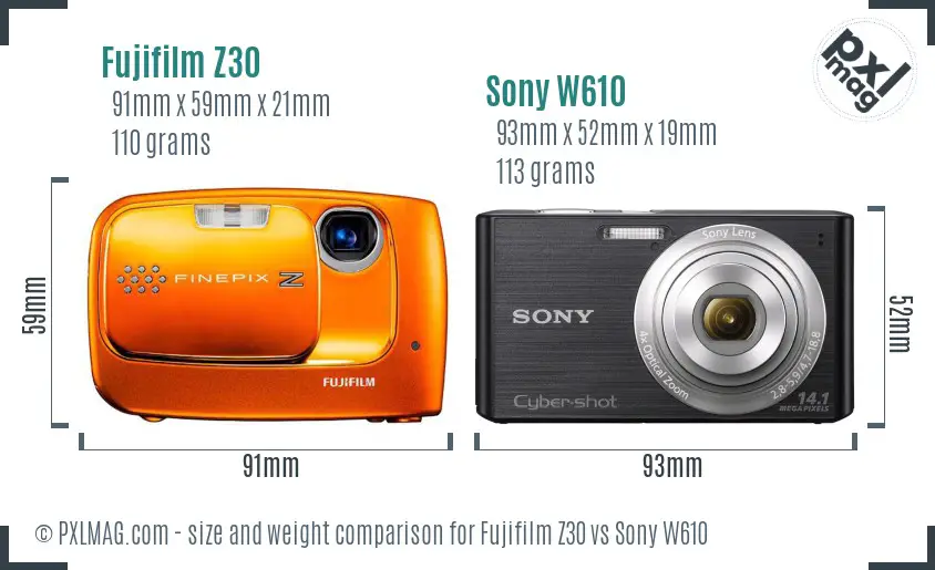 Fujifilm Z30 vs Sony W610 size comparison