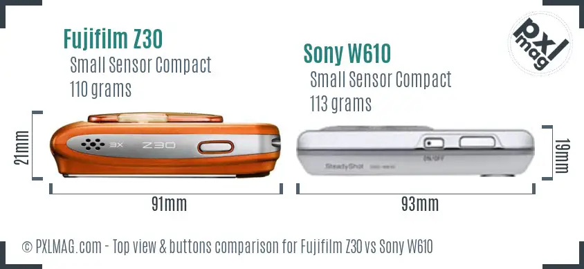 Fujifilm Z30 vs Sony W610 top view buttons comparison