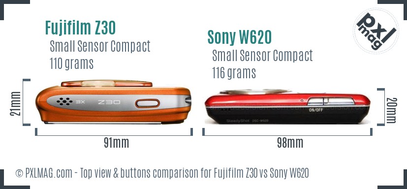 Fujifilm Z30 vs Sony W620 top view buttons comparison