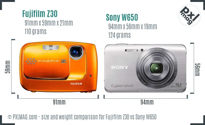 Fujifilm Z30 vs Sony W650 size comparison