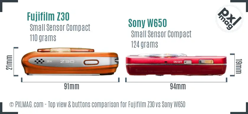 Fujifilm Z30 vs Sony W650 top view buttons comparison