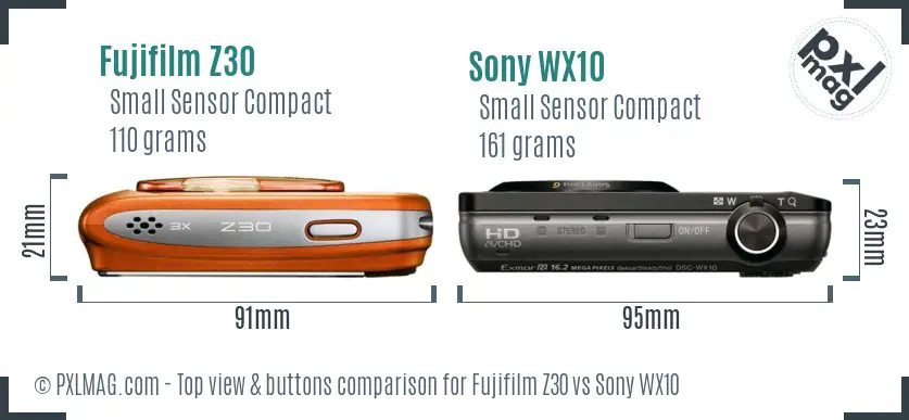 Fujifilm Z30 vs Sony WX10 top view buttons comparison Fujifilm Z30 vs Sony WX10 top view buttons comparison