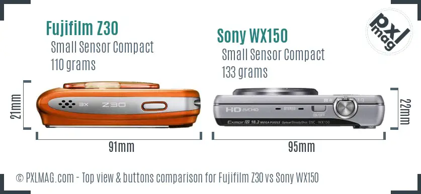 Fujifilm Z30 vs Sony WX150 top view buttons comparison Fujifilm Z30 vs Sony WX150 top view buttons comparison