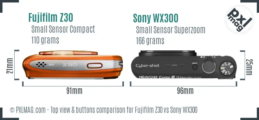 Fujifilm Z30 vs Sony WX300 top view buttons comparison