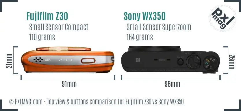 Fujifilm Z30 vs Sony WX350 top view buttons comparison Fujifilm Z30 vs Sony WX350 top view buttons comparison