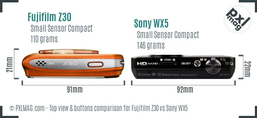Fujifilm Z30 vs Sony WX5 top view buttons comparison