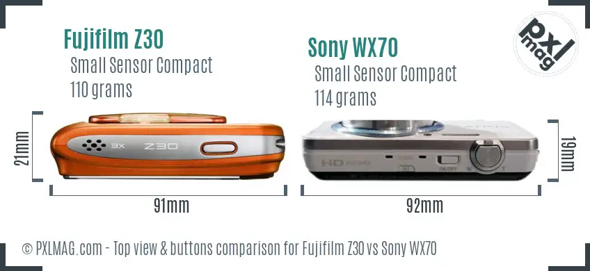 Fujifilm Z30 vs Sony WX70 top view buttons comparison Fujifilm Z30 vs Sony WX70 top view buttons comparison