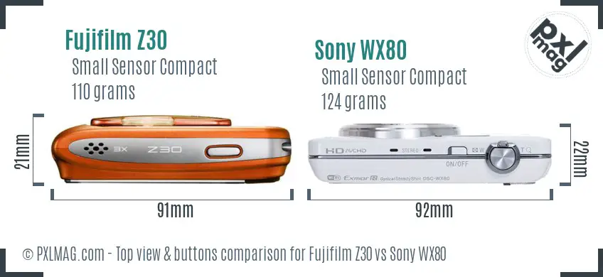 Fujifilm Z30 vs Sony WX80 top view buttons comparison