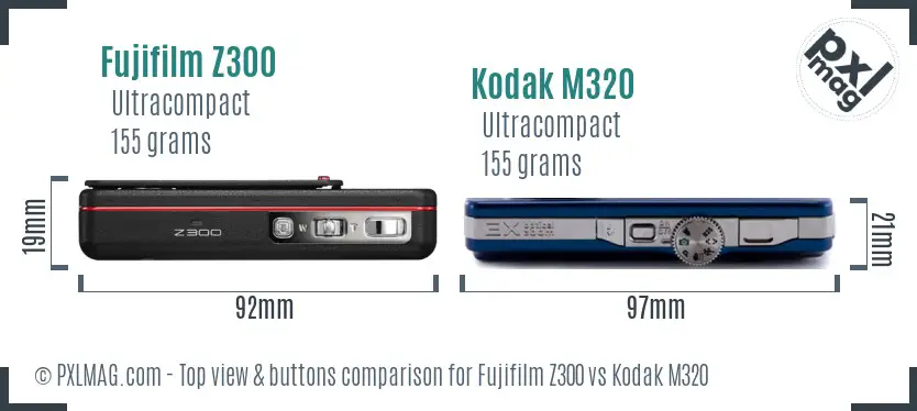 Fujifilm Z300 vs Kodak M320 top view buttons comparison