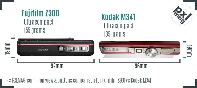Fujifilm Z300 vs Kodak M341 top view buttons comparison