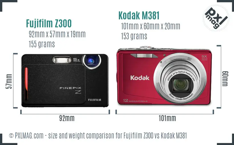 Fujifilm Z300 vs Kodak M381 size comparison