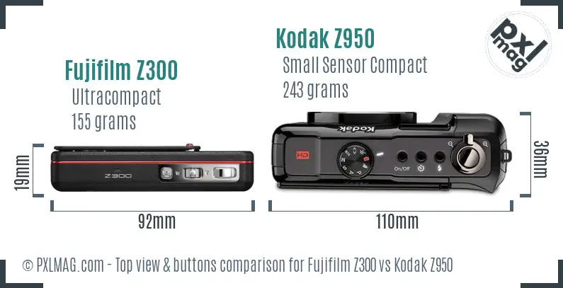 Fujifilm Z300 vs Kodak Z950 top view buttons comparison