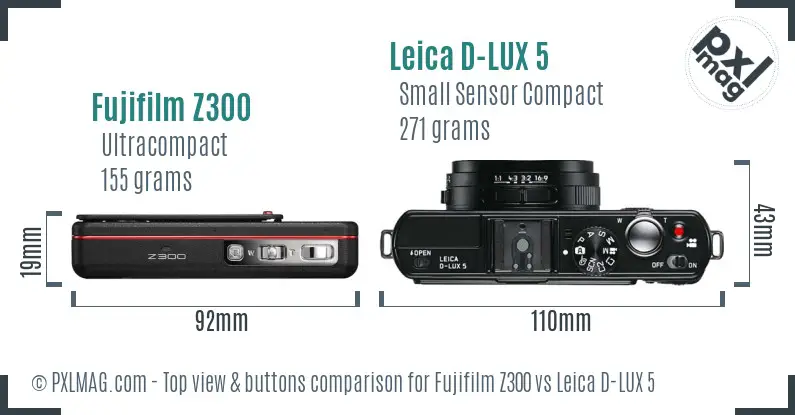 Fujifilm Z300 vs Leica D-LUX 5 top view buttons comparison