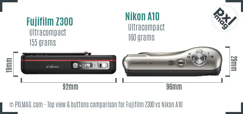 Fujifilm Z300 vs Nikon A10 top view buttons comparison