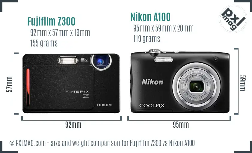 Fujifilm Z300 vs Nikon A100 size comparison