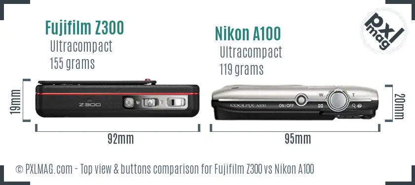 Fujifilm Z300 vs Nikon A100 top view buttons comparison