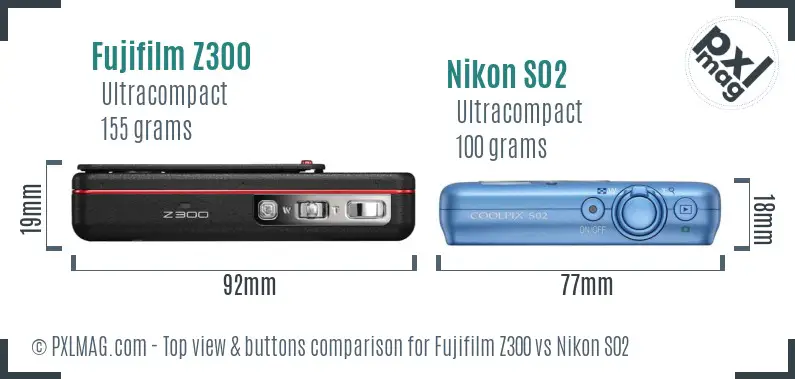 Fujifilm Z300 vs Nikon S02 top view buttons comparison