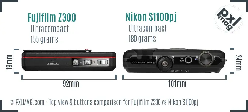 Fujifilm Z300 vs Nikon S1100pj top view buttons comparison