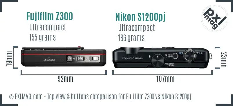 Fujifilm Z300 vs Nikon S1200pj top view buttons comparison Fujifilm Z300 vs Nikon S1200pj top view buttons comparison
