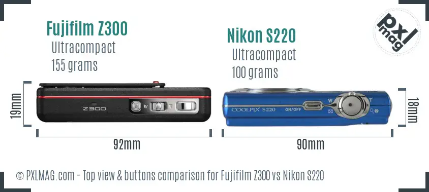 Fujifilm Z300 vs Nikon S220 top view buttons comparison