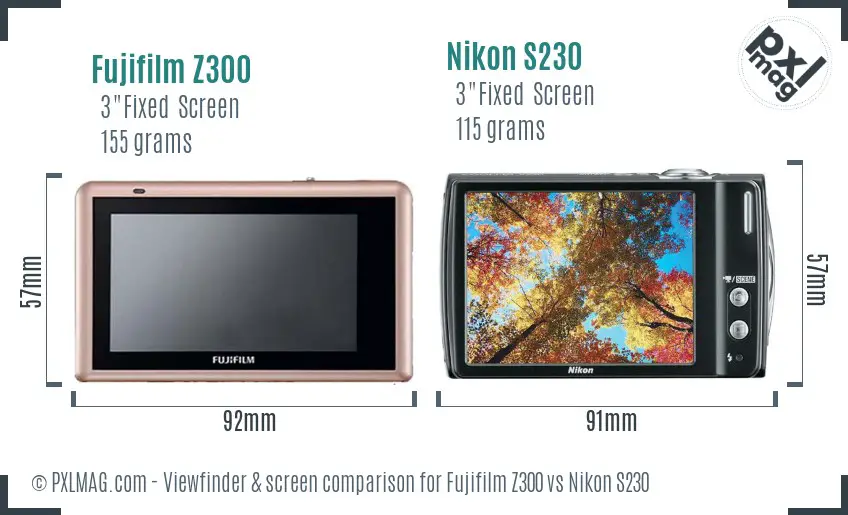 Fujifilm Z300 vs Nikon S230 Screen and Viewfinder comparison