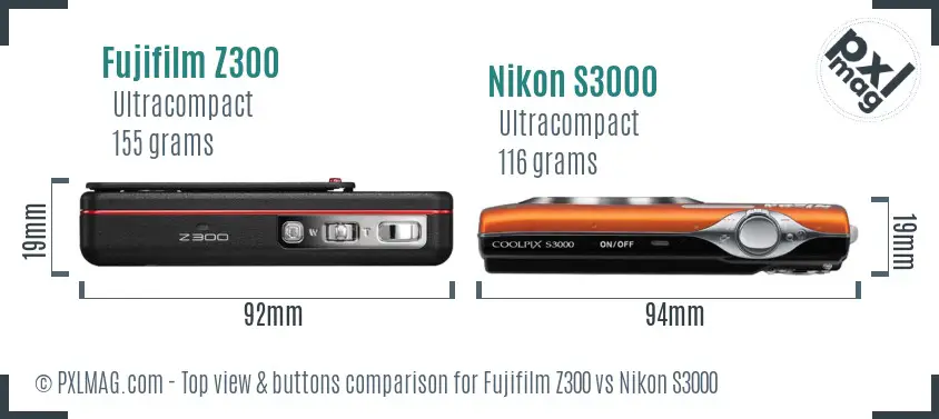 Fujifilm Z300 vs Nikon S3000 top view buttons comparison