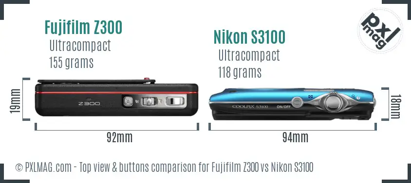 Fujifilm Z300 vs Nikon S3100 top view buttons comparison