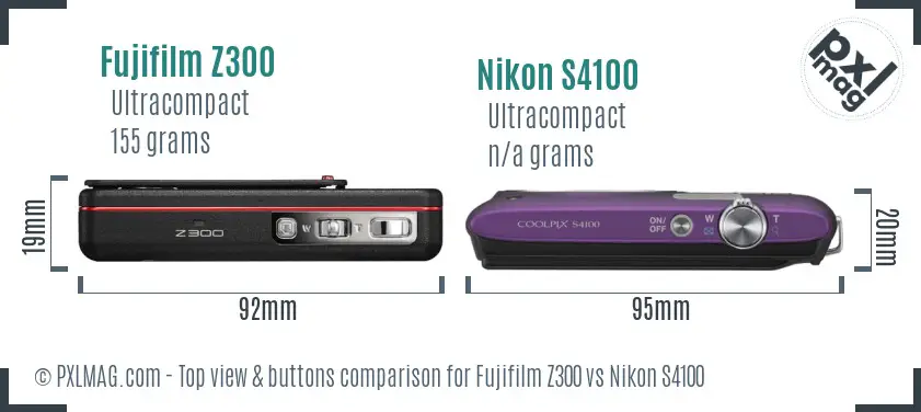 Fujifilm Z300 vs Nikon S4100 top view buttons comparison