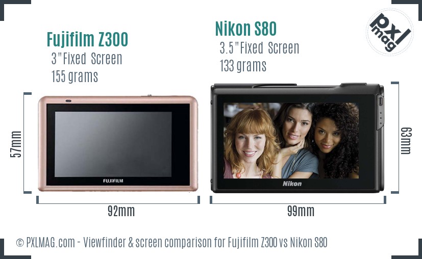 Fujifilm Z300 vs Nikon S80 Screen and Viewfinder comparison