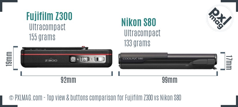 Fujifilm Z300 vs Nikon S80 top view buttons comparison