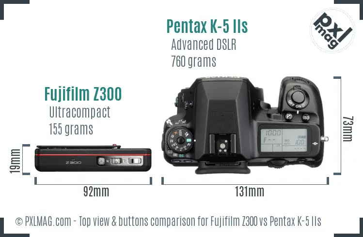 Fujifilm Z300 vs Pentax K-5 IIs top view buttons comparison