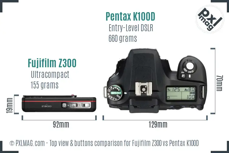 Fujifilm Z300 vs Pentax K100D top view buttons comparison