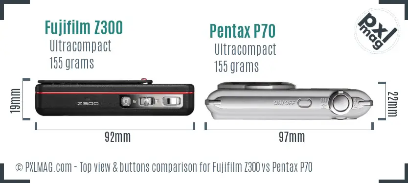 Fujifilm Z300 vs Pentax P70 top view buttons comparison