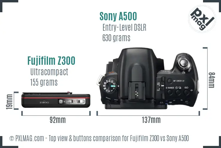 Fujifilm Z300 vs Sony A500 top view buttons comparison
