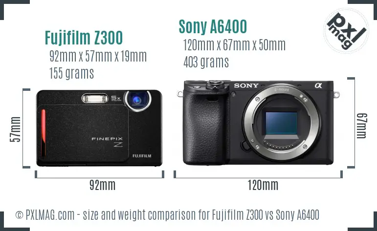Fujifilm Z300 vs Sony A6400 size comparison