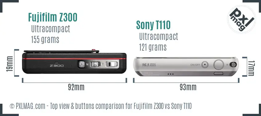 Fujifilm Z300 vs Sony T110 top view buttons comparison