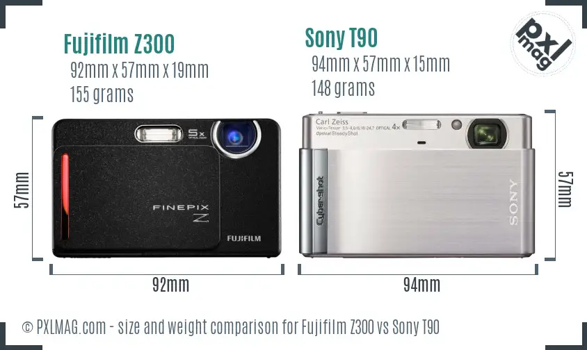 Fujifilm Z300 vs Sony T90 size comparison