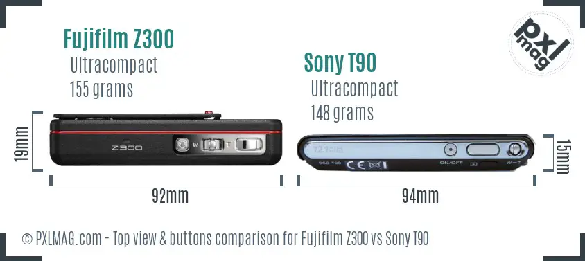 Fujifilm Z300 vs Sony T90 top view buttons comparison