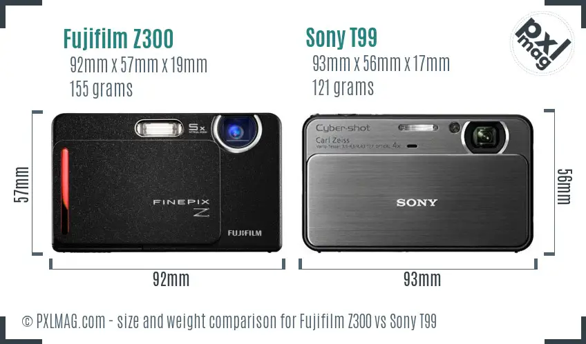 Fujifilm Z300 vs Sony T99 size comparison